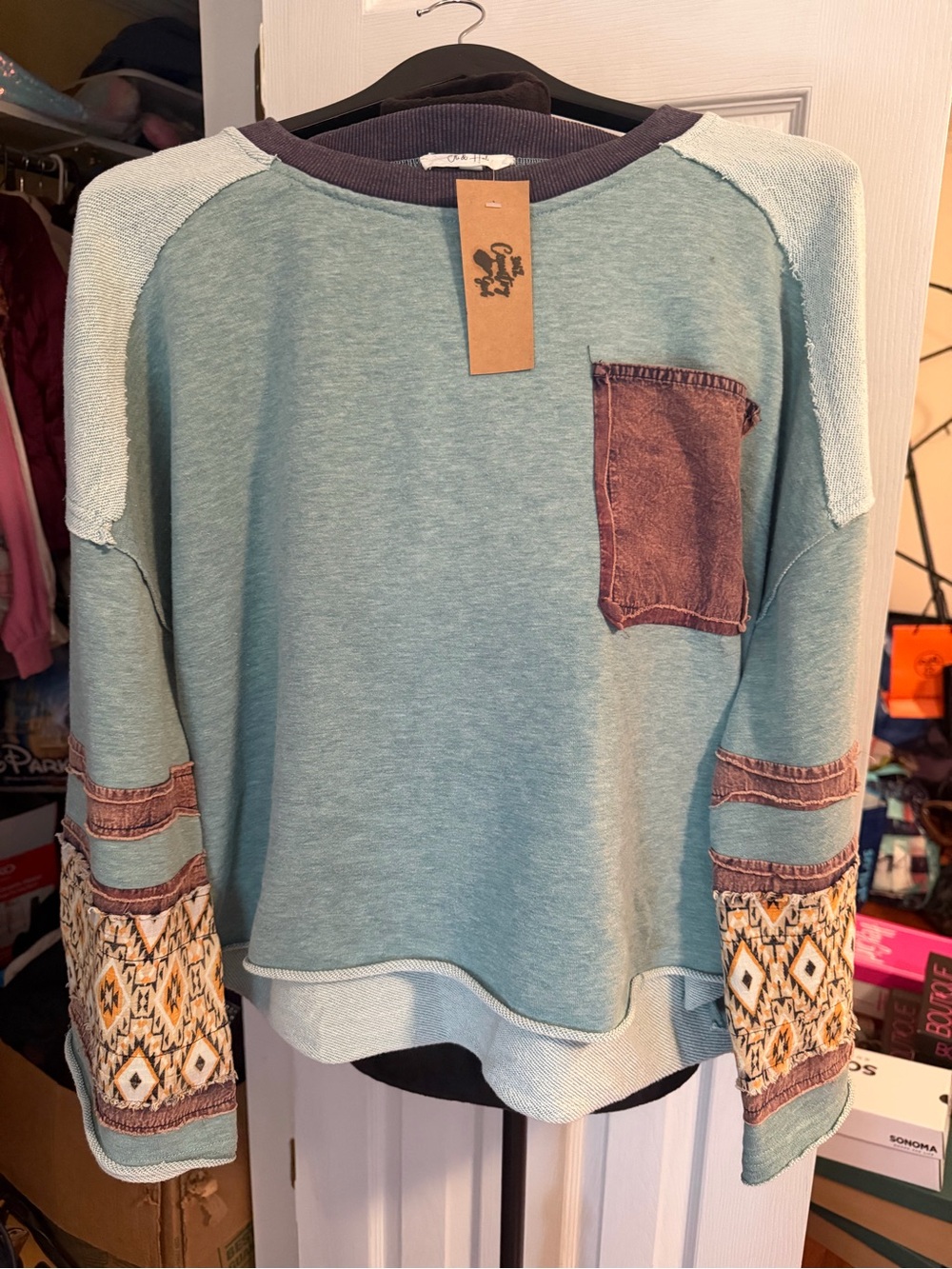 Oli & Hali Seafoam Green Mixed-Texture Pullover with Brown Pocket